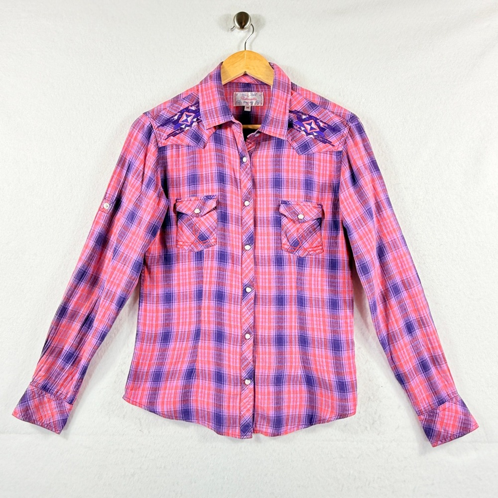 Panhandle Western Shirt Womens Medium Pink Purple Plaid Western Rodeo Cowgirl
